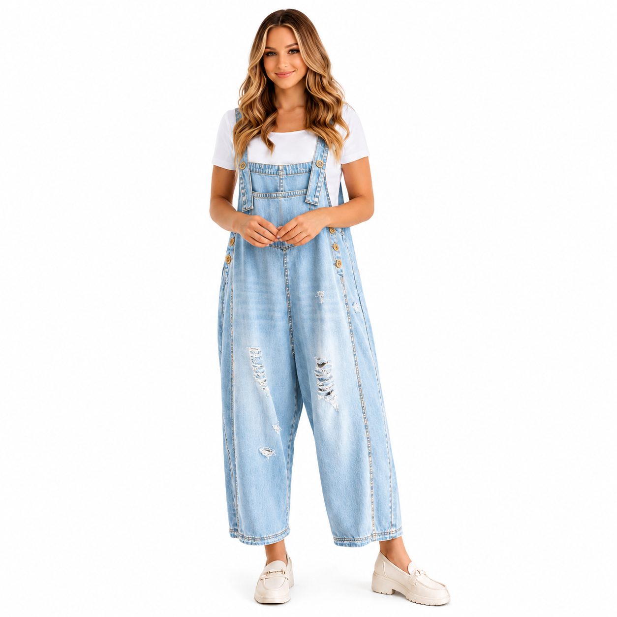 Carol - salopette donna a bretelle con foro oversize