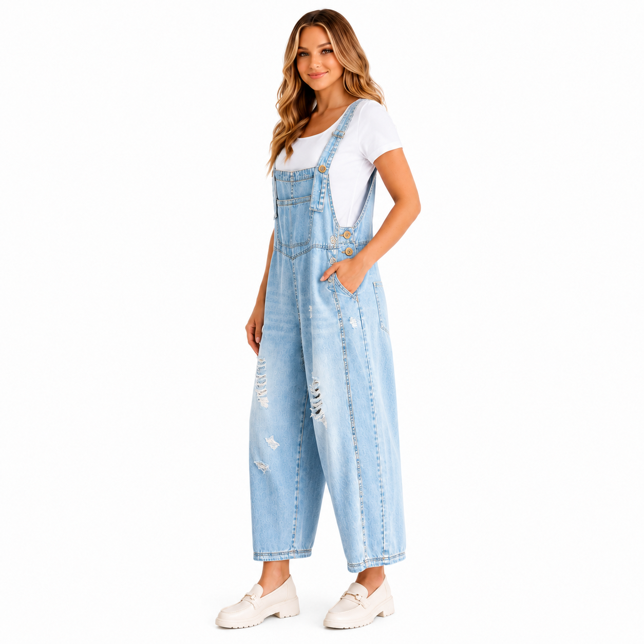 Carol - salopette donna a bretelle con foro oversize