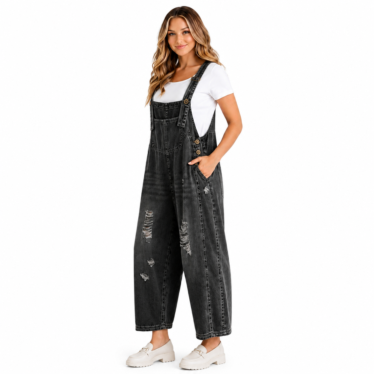 Carol - salopette donna a bretelle con foro oversize
