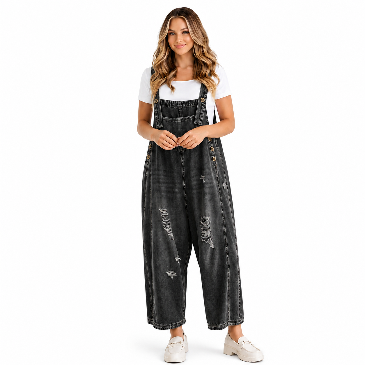 Carol - salopette donna a bretelle con foro oversize