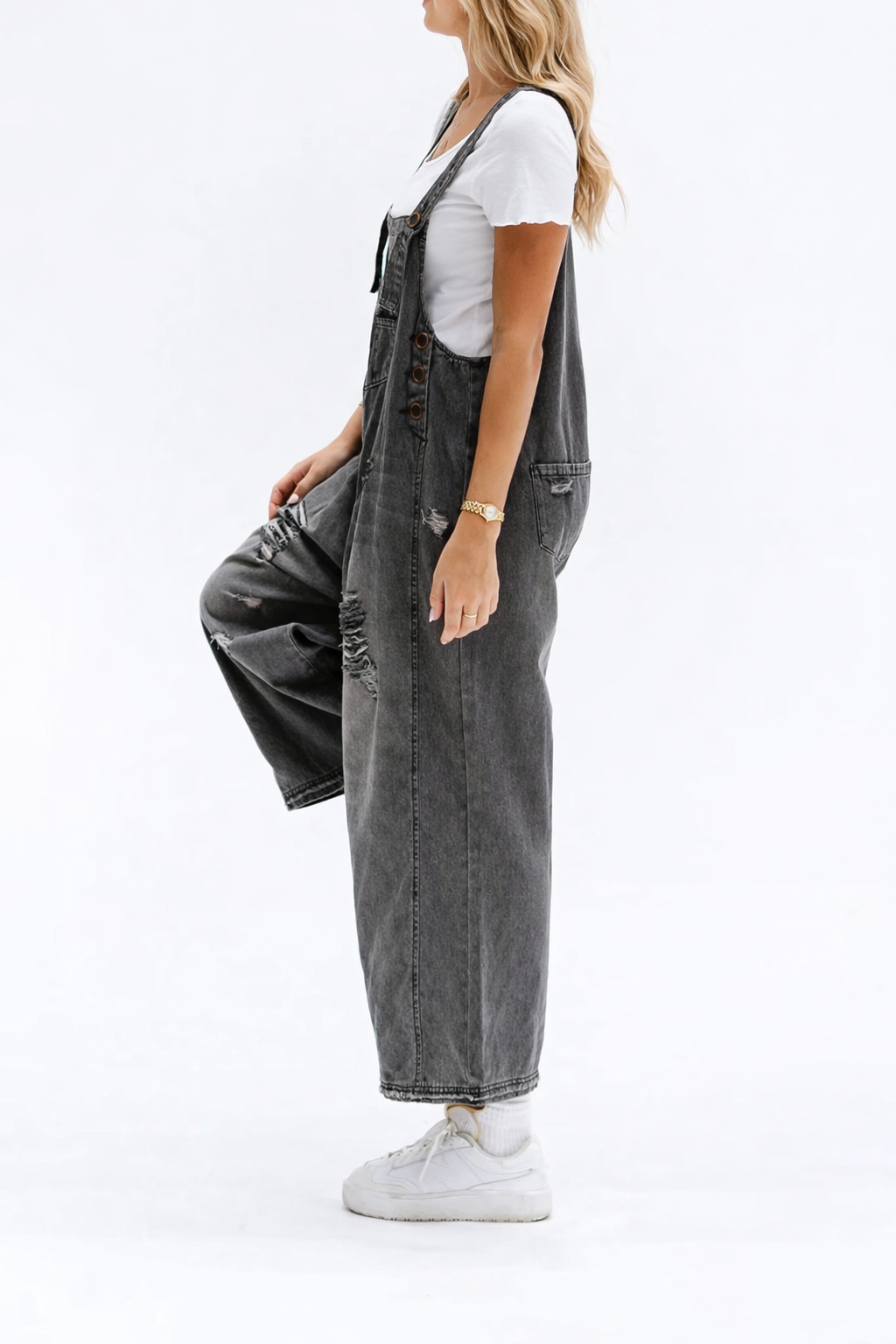 Carol - salopette donna a bretelle con foro oversize