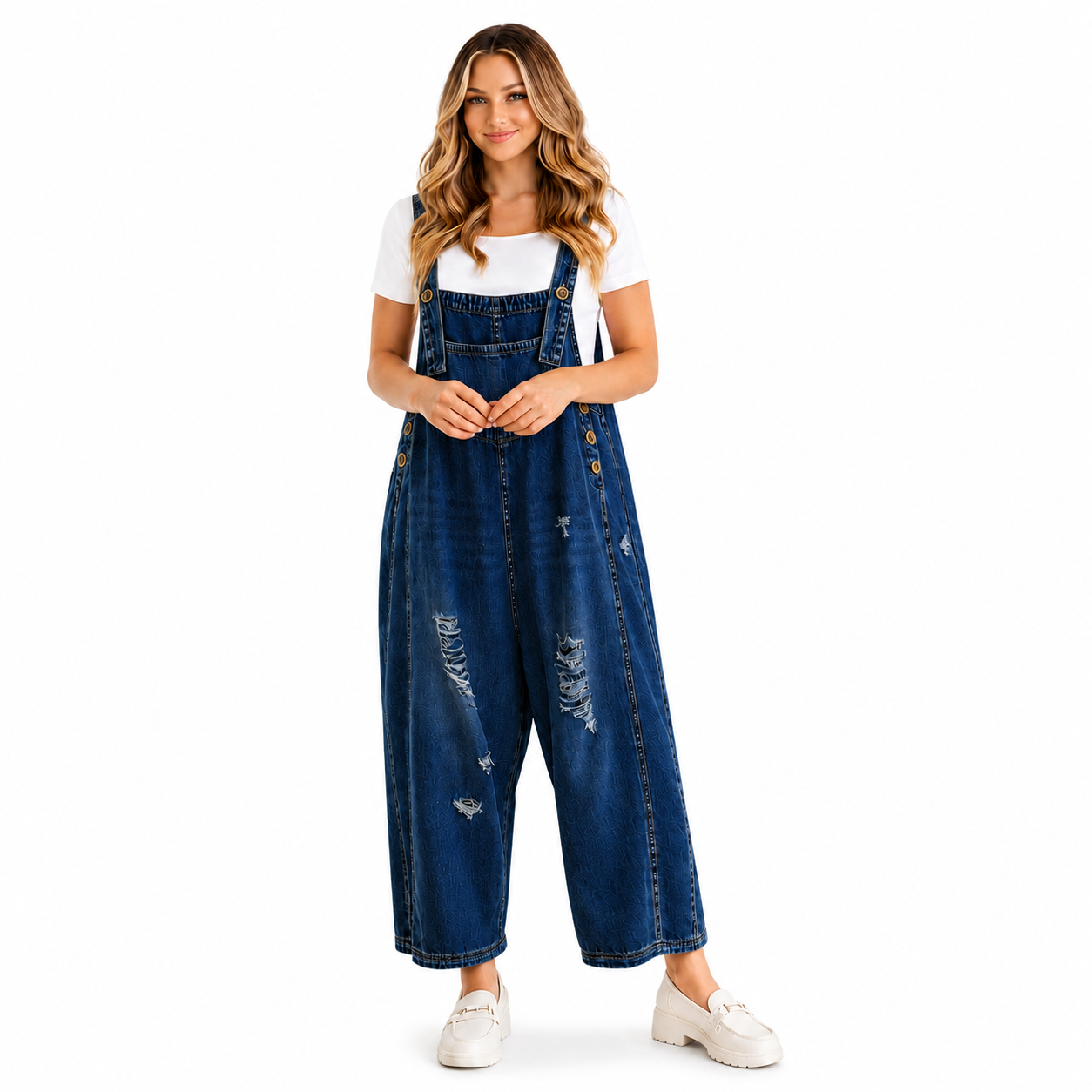 Carol - salopette donna a bretelle con foro oversize